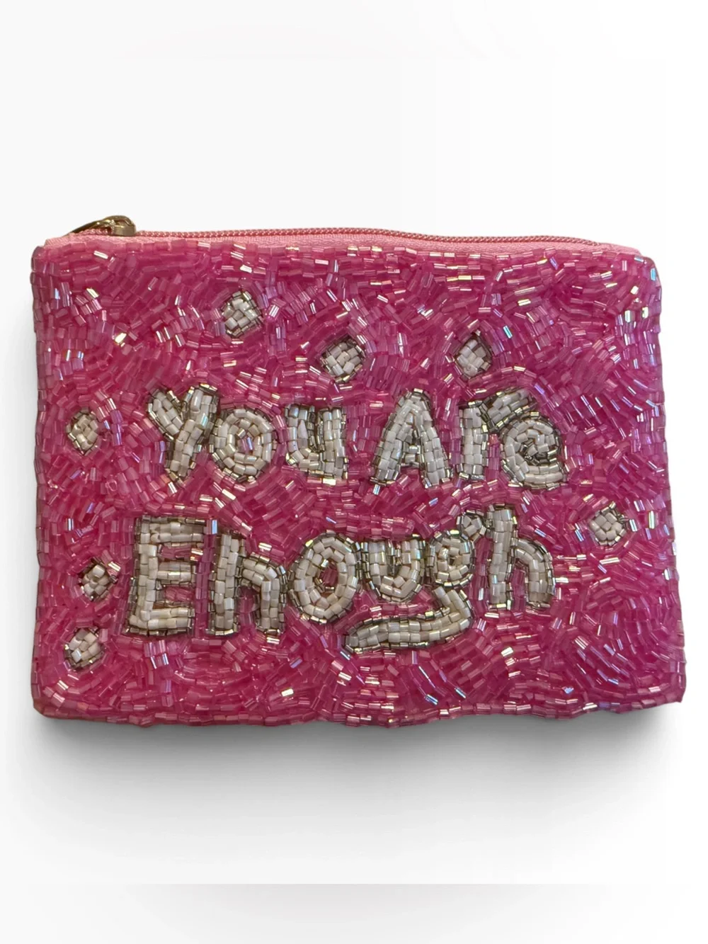 You Are Enough Beaded Pink Statement Pouch